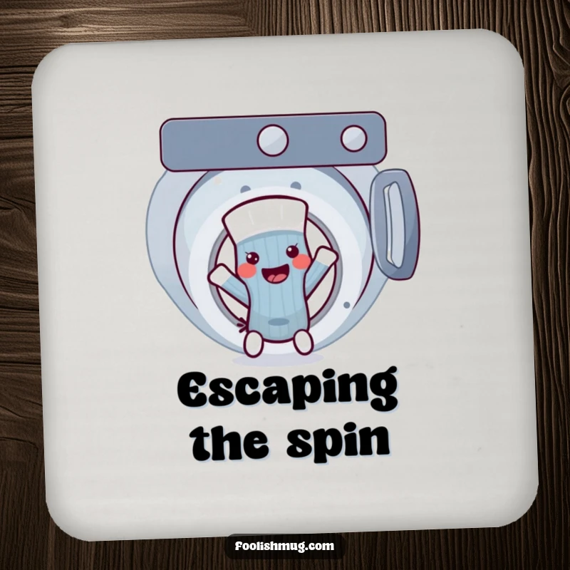 Funny sock character comically trying to escape a washing machine, a humorous drink coaster, a delightful funny gift.