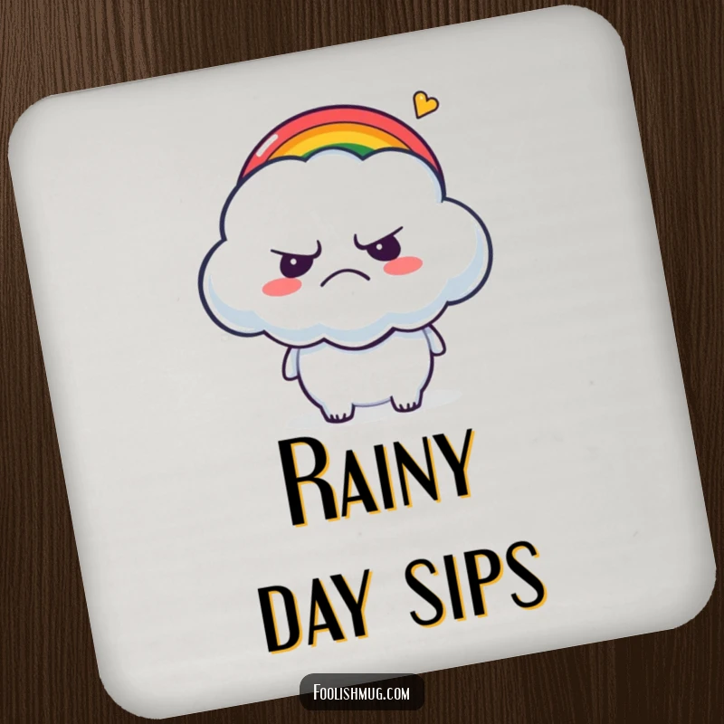 Funny Coaster: A grumpy cloud character being tickled by a tiny rainbow, adding a humorous touch to surfaces.