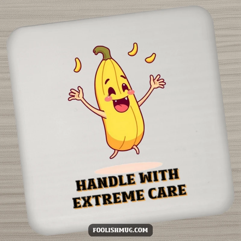 Funny juggling banana peel character comically slipping on itself with exaggerated motion on a drink coaster, preventing spills with humor.