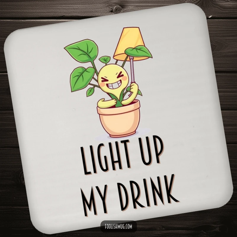 Funny drink coaster with a potted plant sporting a maniacal grin trying to embrace a lamp, protecting surfaces with a touch of dark humor.