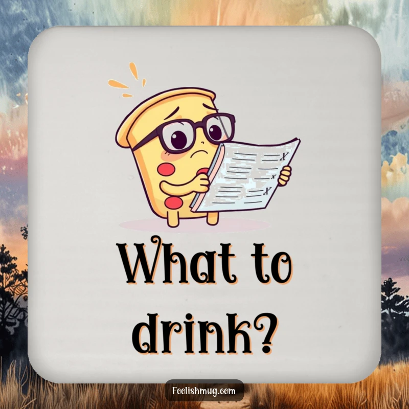 Funny pizza drink coasters with a confused slice wearing spectacles reading a menu, perfect for tables.