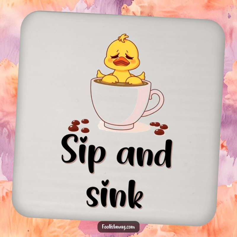 Funny drink coaster with a rubber ducky trying to swim in a teacup of coffee, protecting furniture with a humorous and relatable design.