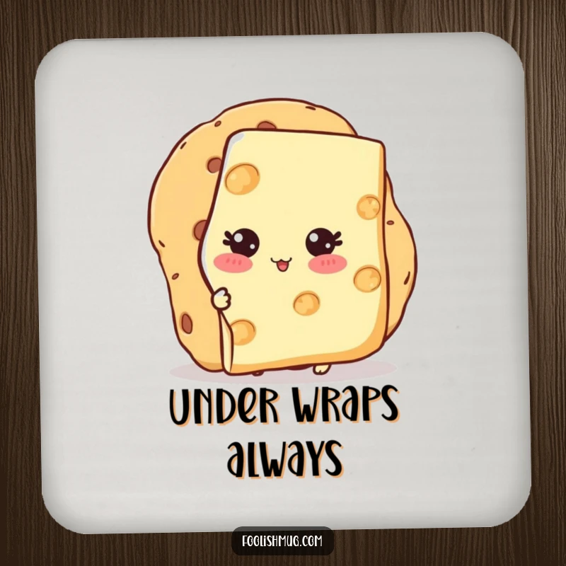 Funny Coaster with a blushing cheese slice character hiding behind a cracker, adding shy charm to drinks.