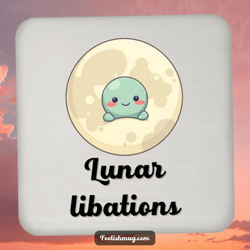 Funny Coaster: A shy planet character hides behind a smiling moon, protecting surfaces with gentle cosmic flair.