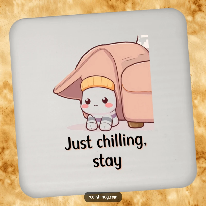 Funny Shy Sock Drink Coaster: A shy sock humorously hides under a couch, protecting tables with a touch of gentle humor.
