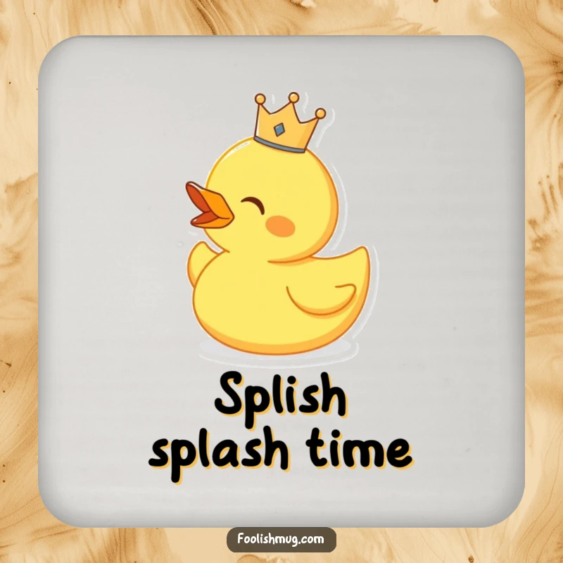 Funny singing rubber duck wearing a tiny crown, designed on drink coasters, for royal table protection.