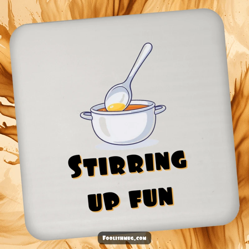 Funny drink coaster with a shiny spoon character stirring invisible soup, protecting furniture with a humorous and quirky design.