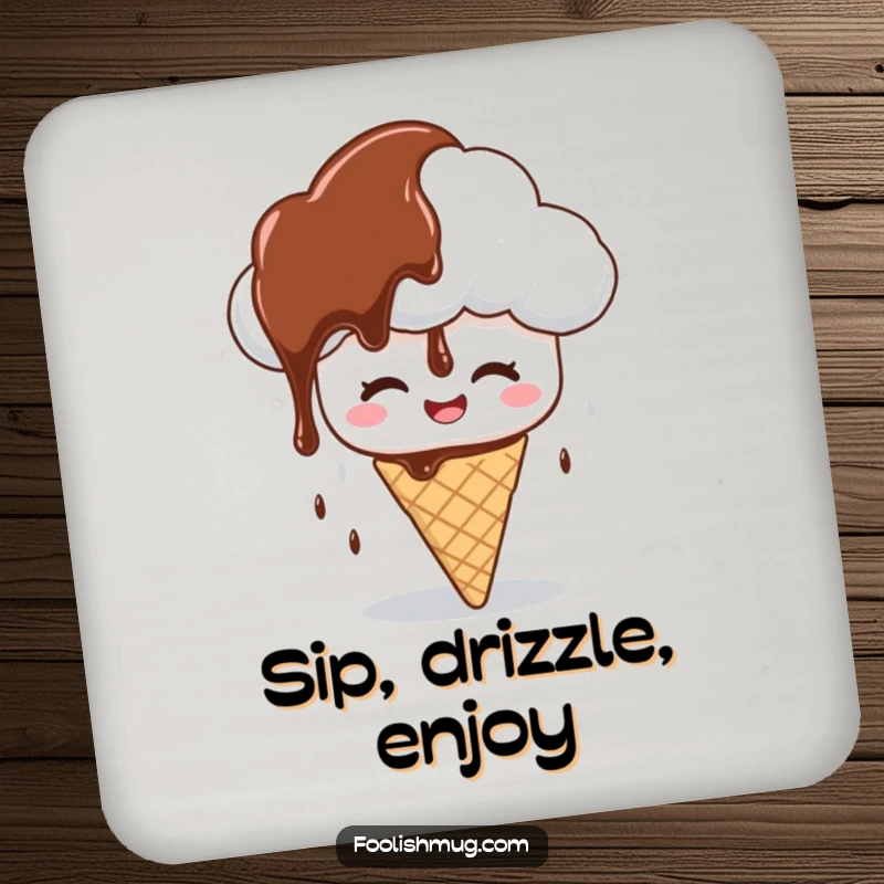 Funny drink coaster showing a giggling cloud character raining chocolate syrup on a confused ice cream cone, functional and humorous as a funny gift.