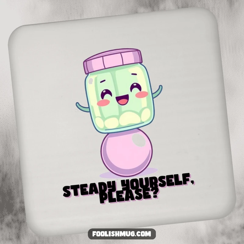 Funny wobbly jelly jar character balancing on a bouncing ball, on a set of funny drink coasters.