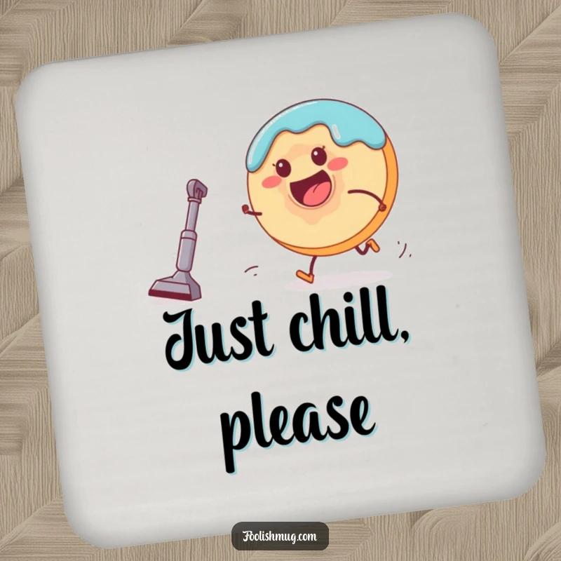 Funny donut character escaping a tiny vacuum cleaner on a drink coaster, providing humorous surface protection for beverages.