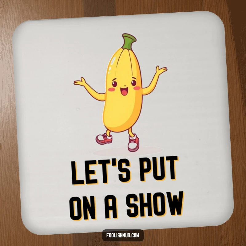Funny drink coaster showing a banana peel in shoes dancing playfully, adding a touch of slippery fun to any surface.