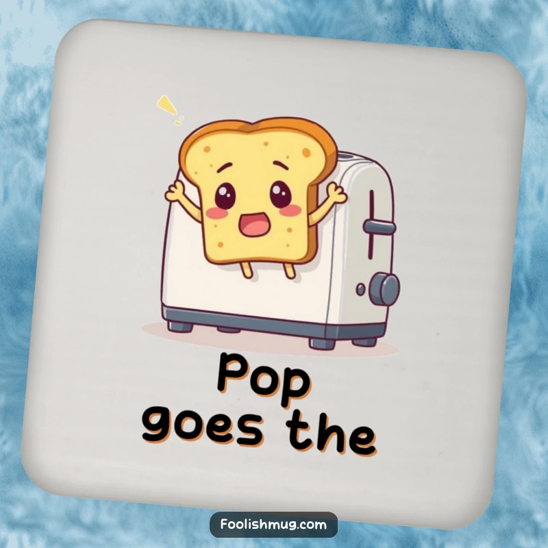 Funny drink coaster showing a surprised bread slice comically leaping out of a toaster, functional and humorous as a funny gift.