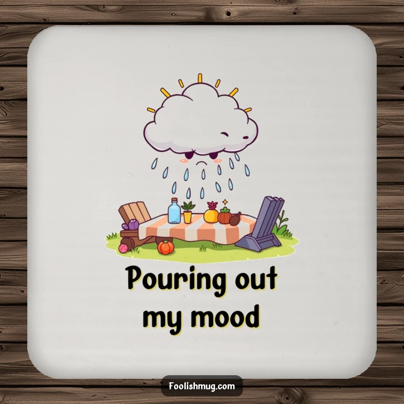 Funny drink coaster showing a grumpy cloud trying to rain on a sunny picnic, adding a touch of moody humor to any table.