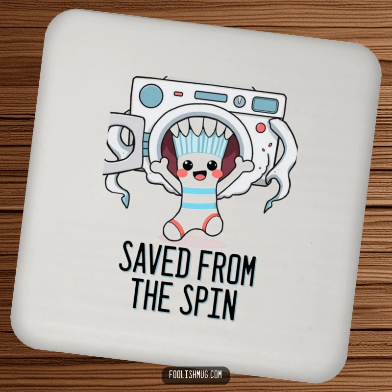Funny sock character escaping a laundry monster on a drink coaster.