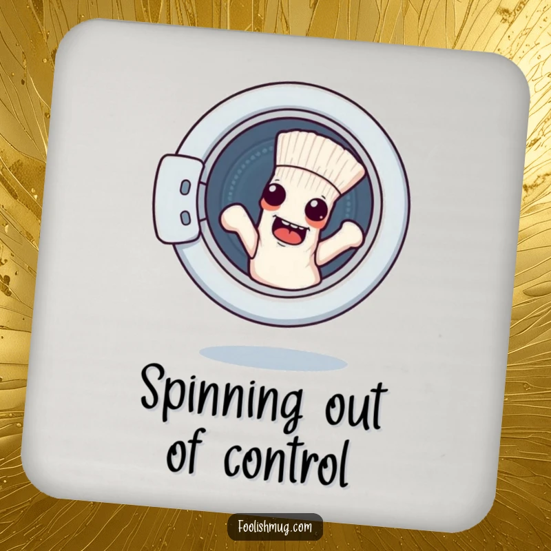 Funny drink coasters featuring a mischievous sock character escaping a washing machine, adding quirky laundry humor.