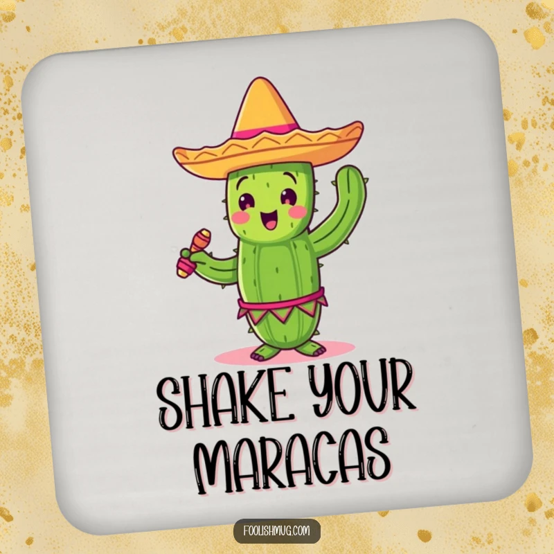 Funny dancing cactus with sombrero and maracas, designed on drink coasters, for festive table protection.