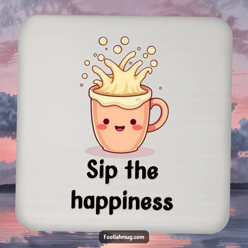 Funny Coaster: A cheerful coffee mug character overflowing with bubbly liquid, adding a humorous touch to surfaces.