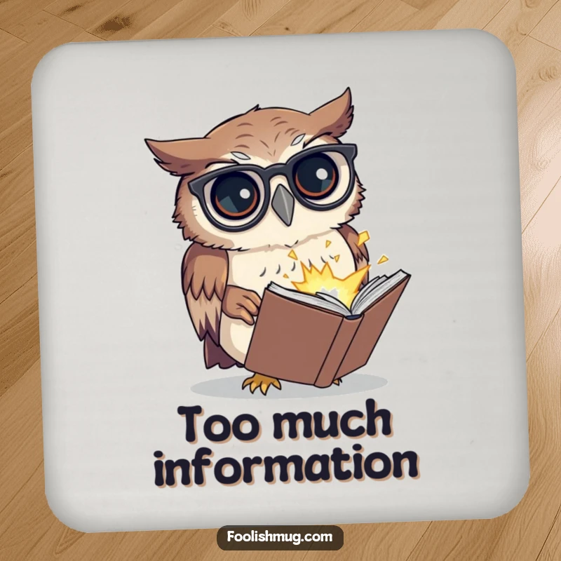 Funny drink coaster with a confused owl wearing spectacles, reading a tiny exploding book, protecting surfaces with humor and as a funny gift.