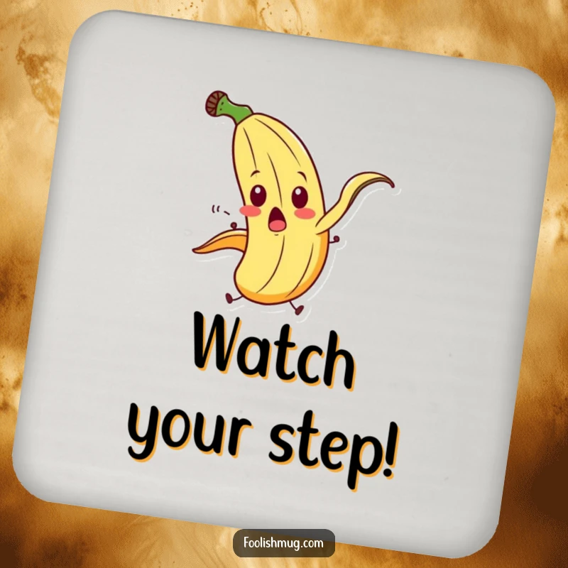 Funny banana peel character comically slipping on itself with exaggerated motion on a drink coaster, providing humorous surface protection.