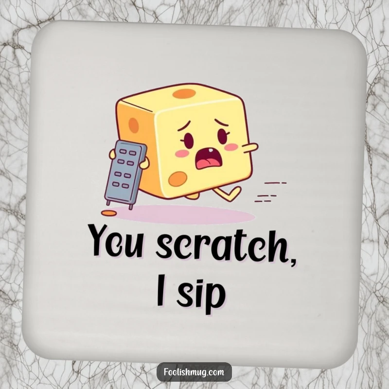 Funny startled cheese block character running from a tiny grater on a drink coaster, providing humorous surface protection.