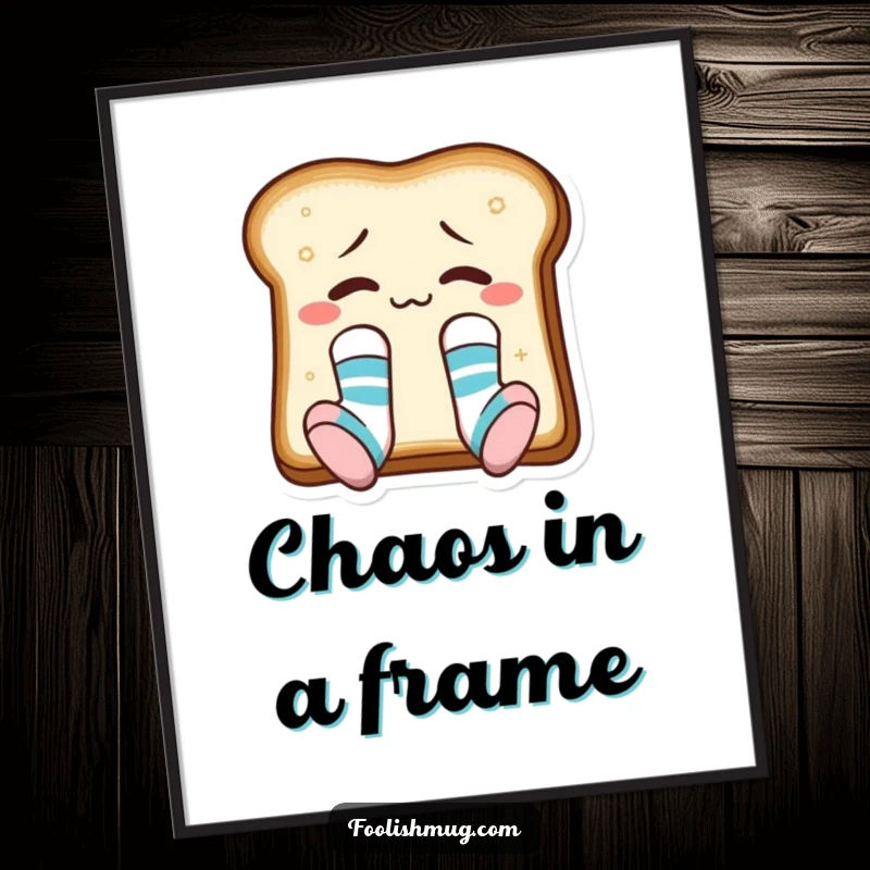 Funny toast slice wearing mismatched socks, framed as humorous wall art, celebrating breakfast absurdity.