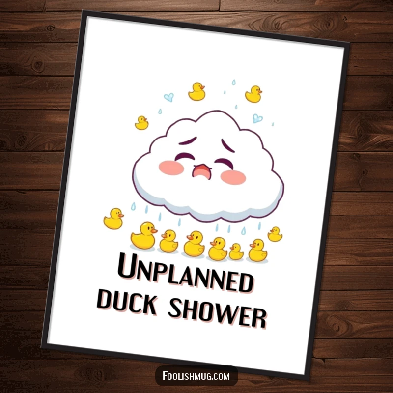 Funny startled fluffy cloud raining small bouncing rubber ducks, whimsical wall art, a wonderful funny gift.