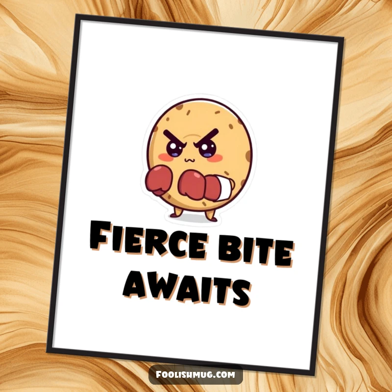 Funny poster featuring a mischievous bagel character in tiny boxing gloves, looking intensely determined, ready for a challenge.