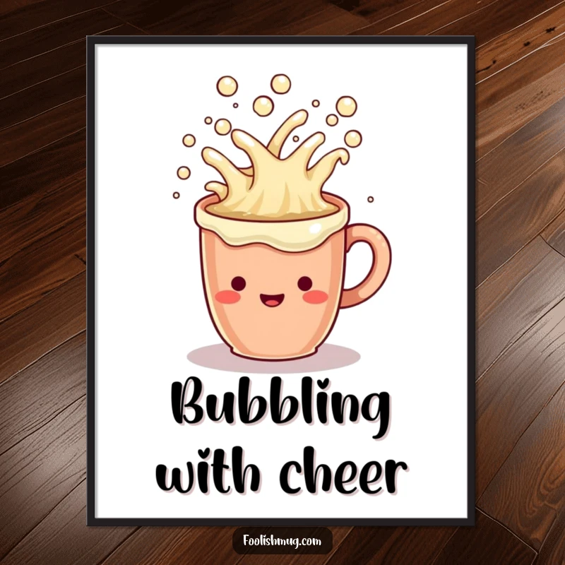 Funny Poster: A cheerful coffee mug character overflowing with bubbly liquid, symbolizing energy and joy.