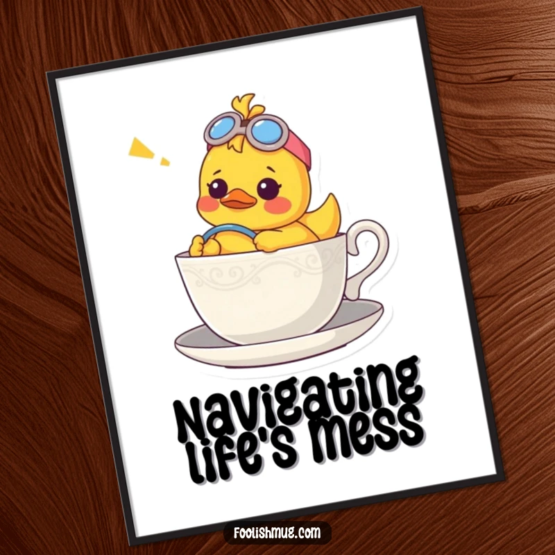 Funny poster featuring a confused rubber ducky character comically steering a teacup boat, creating a whimsical scene.