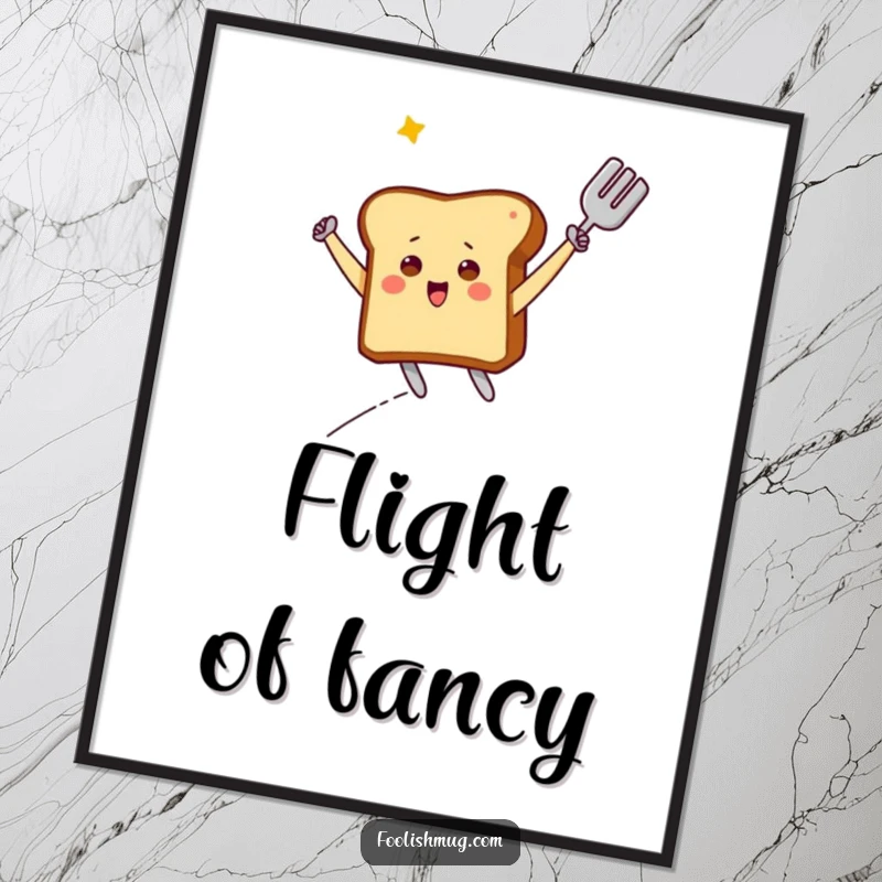 Funny Poster: A triumphant toast character captured mid-air, soaring gracefully on a kitchen spatula. A celebration of breakfast.