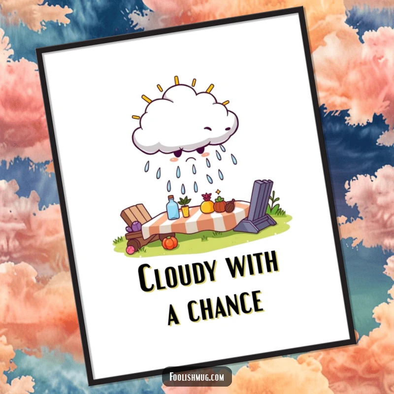 Funny poster art of a displeased cloud attempting to drizzle on a cheerful sunny picnic, a humorous depiction of unwelcome negativity.
