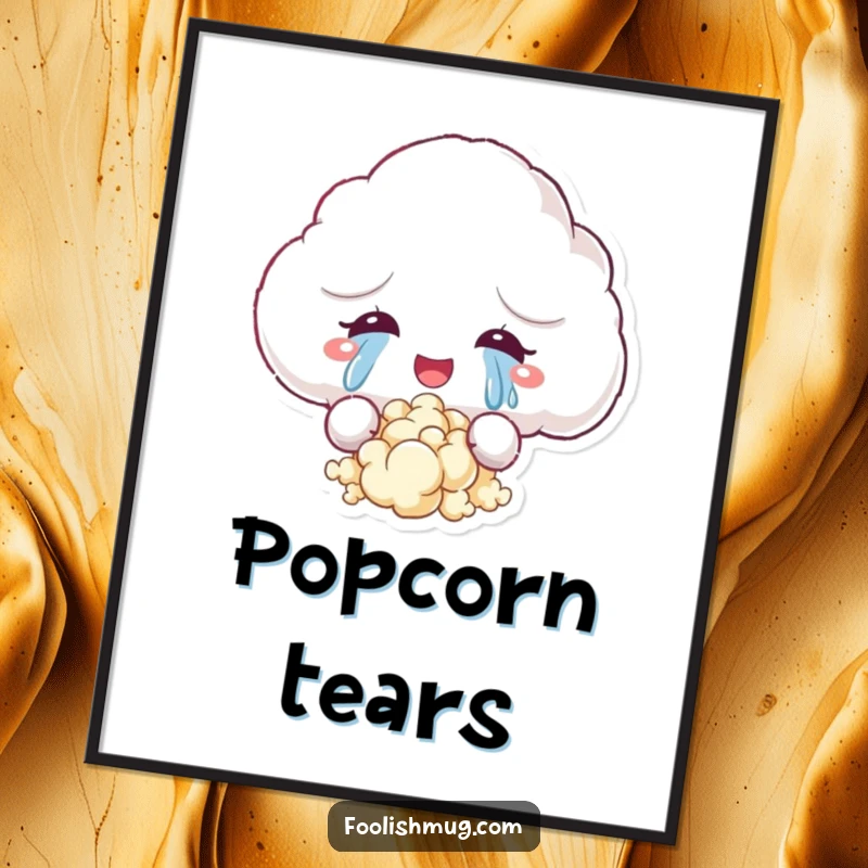 Funny poster art featuring a fluffy cloud character shedding tears of joy that transform into popcorn, evoking a whimsical and happy scene.