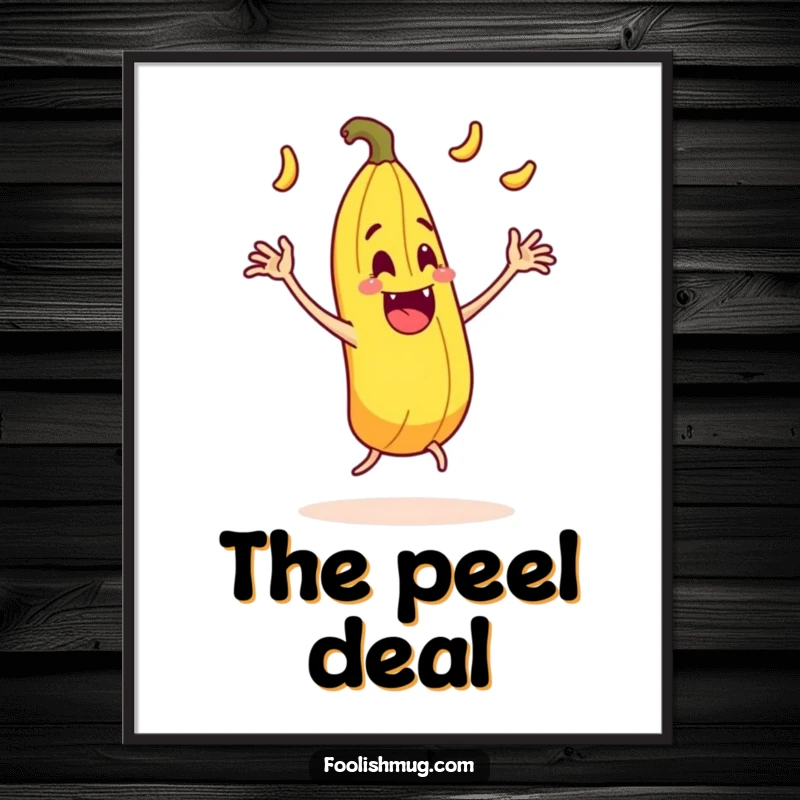 Funny juggling banana peel character comically slipping on itself with exaggerated motion on a poster, a classic comedy wall art.