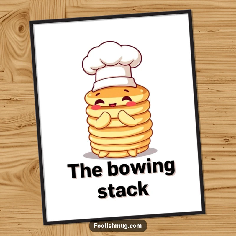 Funny pancake poster, wobbly stack wearing a tiny chef hat, comically attempting to bow, creating humorous and sweet wall art.