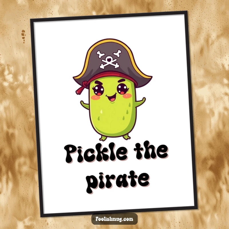 Funny Poster: A mischievous pickle wearing a tiny pirate hat creates a scene of humorous, nautical adventure for your wall.