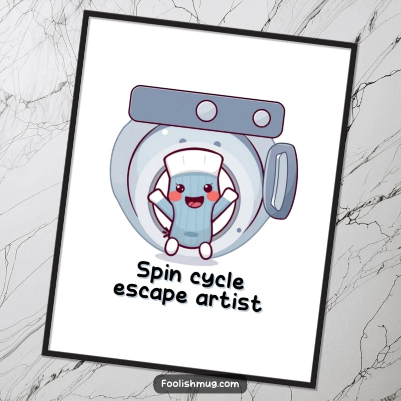 Funny anthropomorphic sock character mid-escape from a washing machine door, funny wall art, a humorous funny gift.