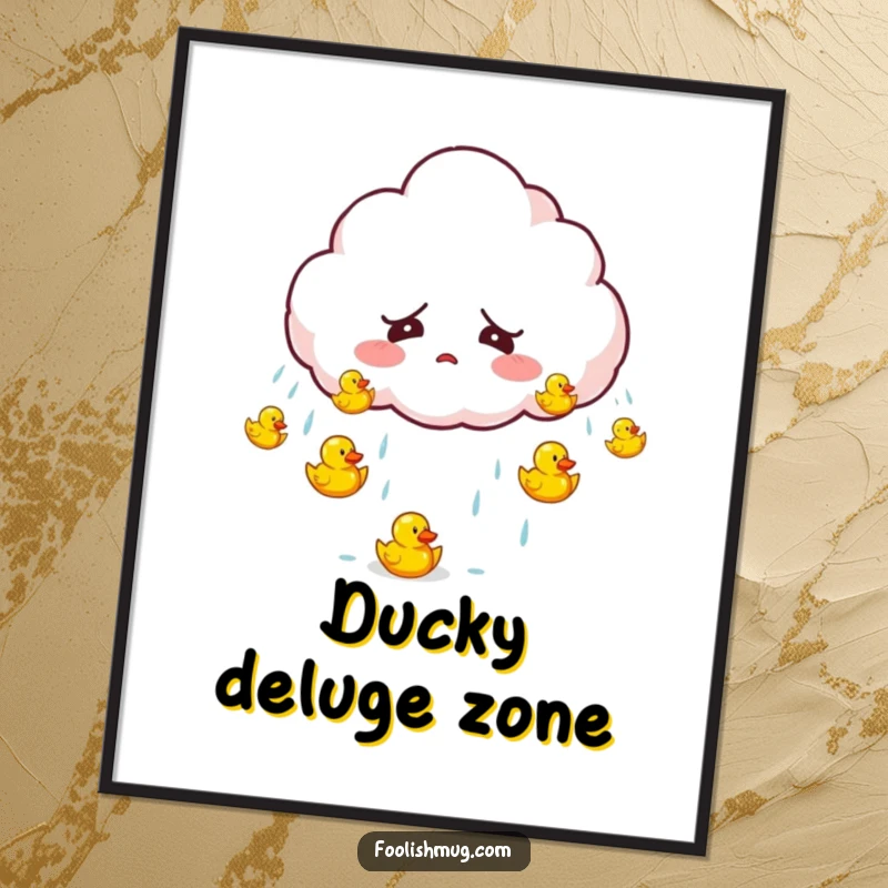 Funny startled cloud character accidentally raining tiny bouncing rubber ducks on a poster, offering whimsical and humorous wall decor.