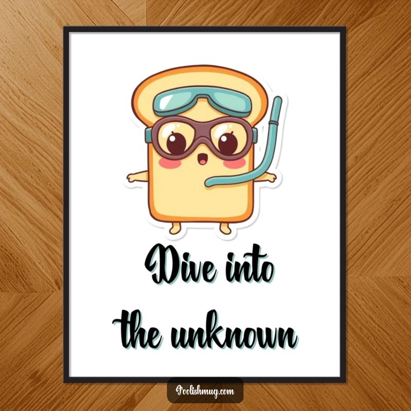 Funny bread loaf character wearing tiny goggles and snorkel, looking surprised on a poster, bringing a splash of aquatic humor.