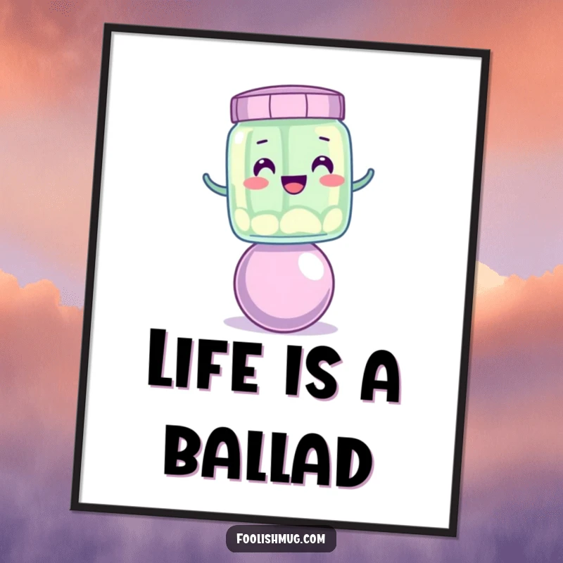 Funny wobbly jelly jar character trying to balance on a bouncing ball, displayed as a funny poster.