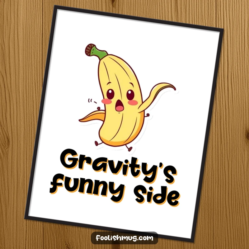 Funny banana peel character in a surprised, exaggerated slip on a poster, capturing a classic slapstick moment for wall decor.