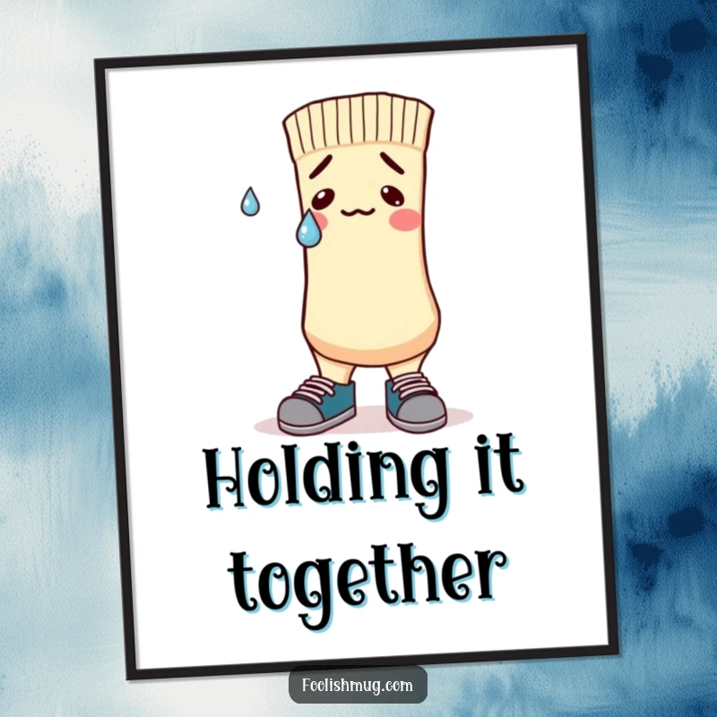 Funny Poster of a nervous sock character in mismatched shoes with a sweatdrop, illustrating relatable feelings with humor.