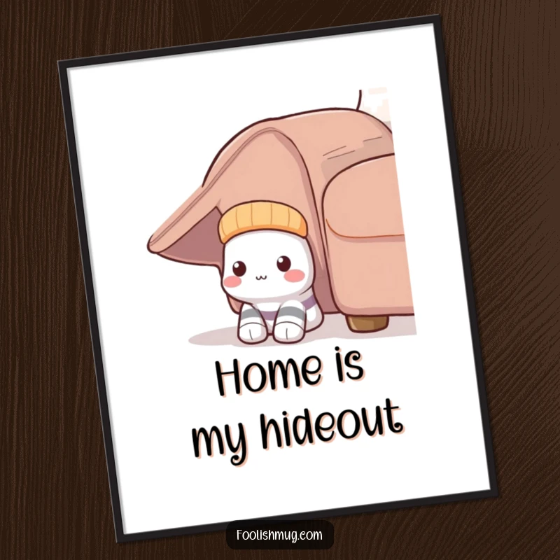 Funny Shy Sock Poster: A timid sock hilariously peeks from under a couch, creating a funny and relatable piece of art.