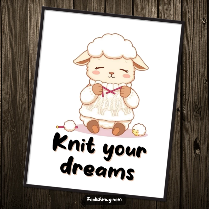 Funny sheep poster, showing a tired sheep humorously knitting a sweater from its own wool, adding a touch of quirky art.