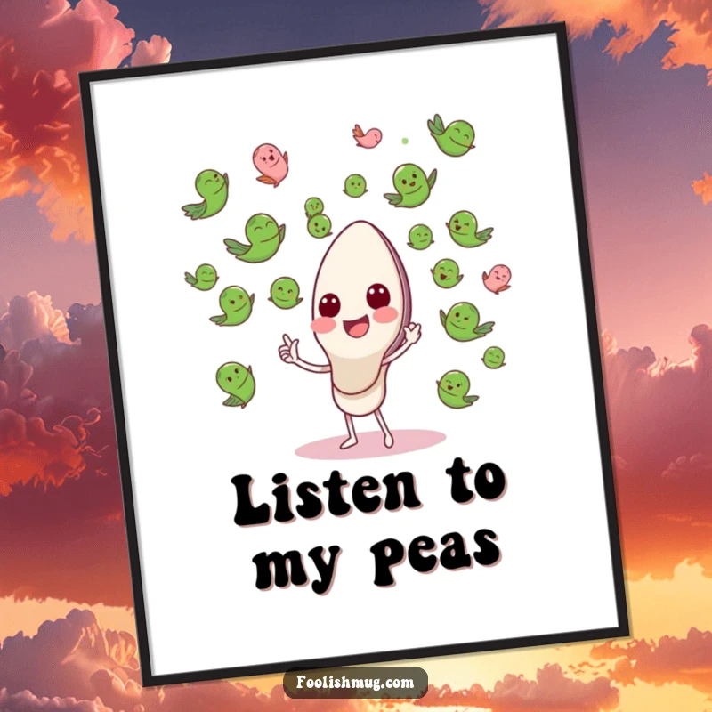 Funny Poster of a happy spoon character conducting a flying pea orchestra, capturing a moment of joyous absurdity.