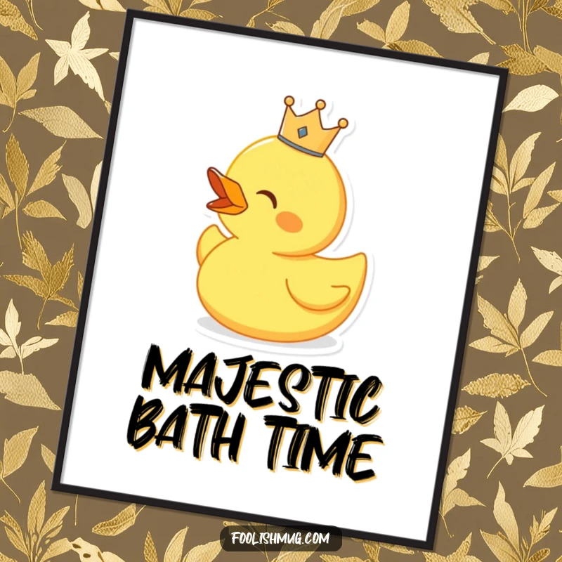 Funny singing rubber duck wearing a tiny crown, as royal wall art, bringing cheerful melody.