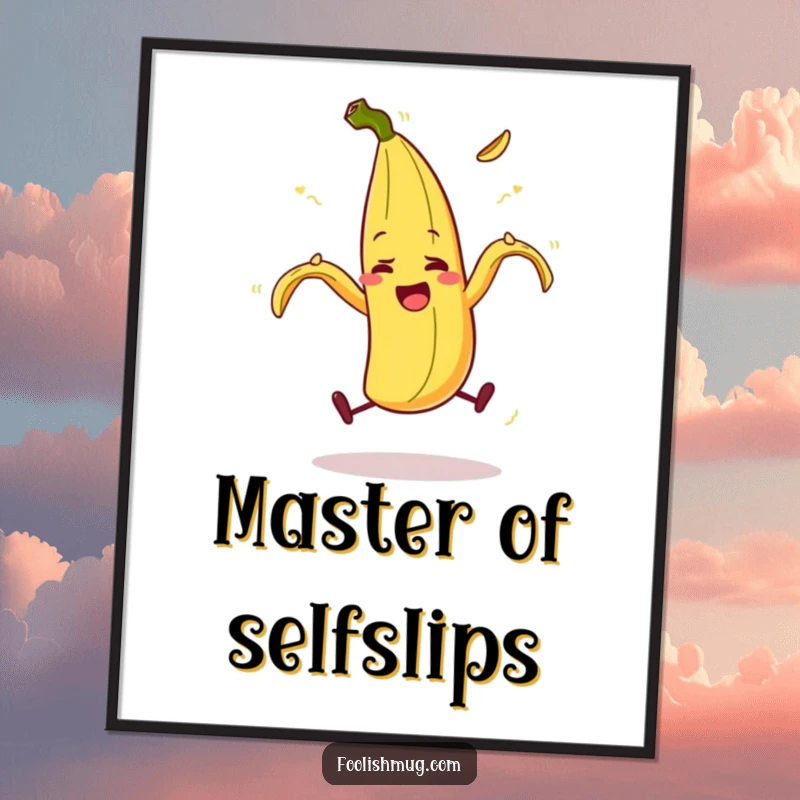 Funny banana peel character in mid-slip, comically falling on itself, humorous wall art, a wonderful funny gift.