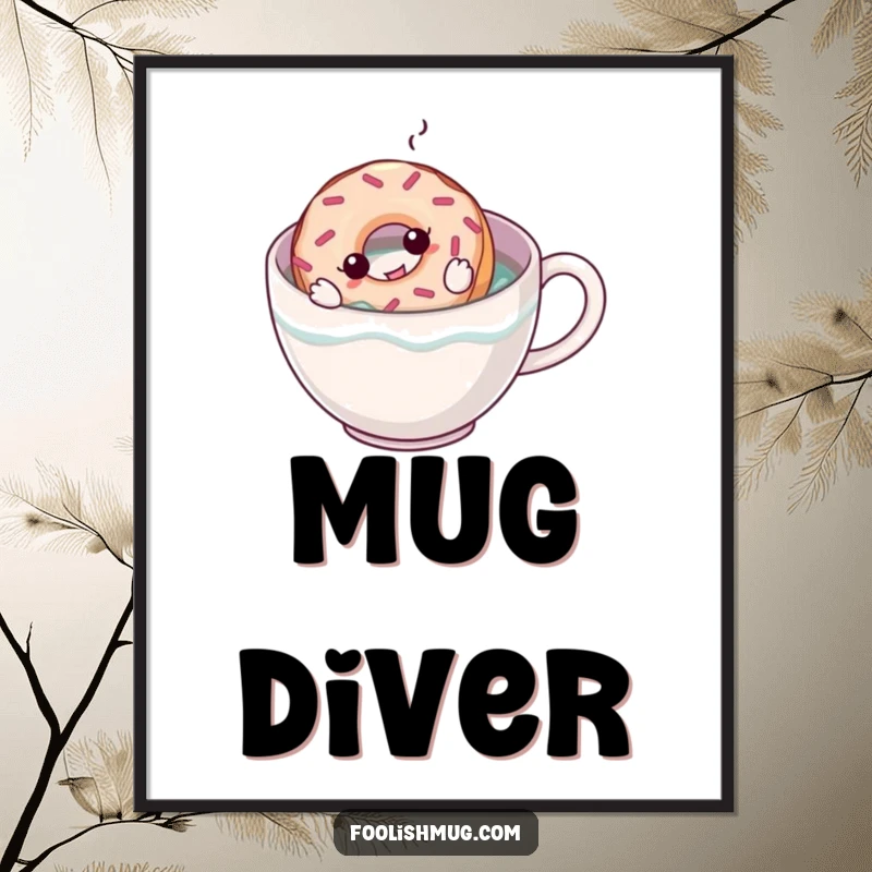 Funny poster art featuring a cartoon donut attempting to swim in a large coffee cup, evoking a whimsical and humorous breakfast scene.