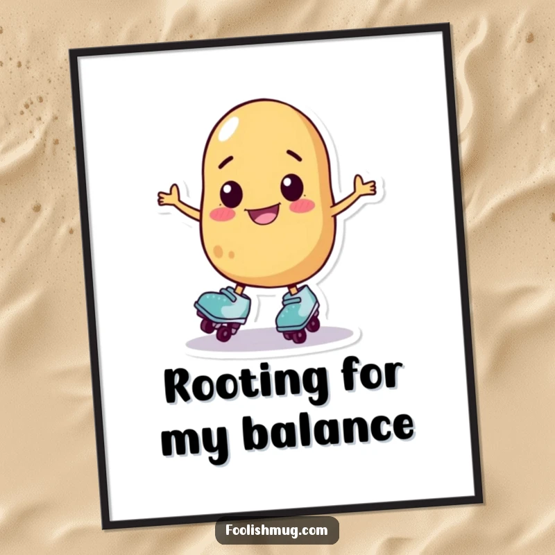 Funny potato character on roller skates wobbling, vibrant poster art, ideal funny gift for home decor.