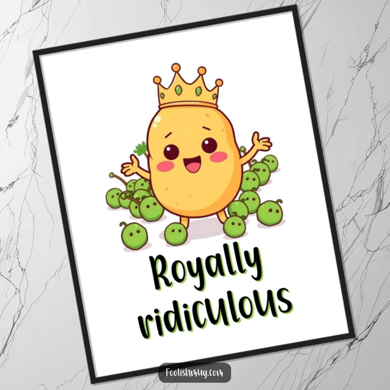 Funny potato character wearing a tiny crown and commanding a pea army on a poster, depicting majestic veggie leadership.