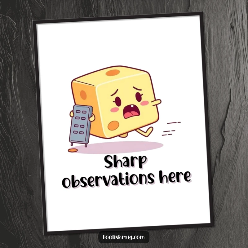 Funny startled cheese block character running from a tiny grater on a poster, capturing a moment of cheesy escape for decor.